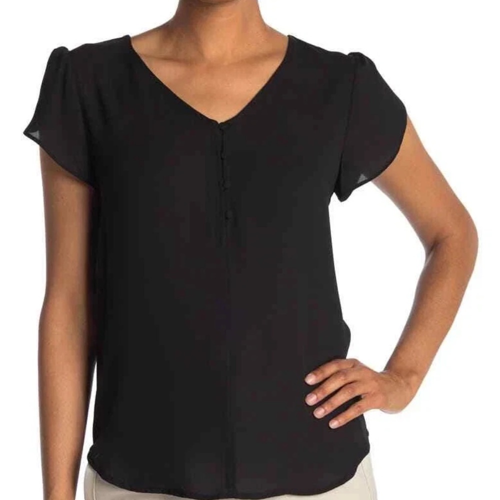 NWT Philosophy Black Blouse Top Partial Button Front Short Flutter Sleeve 2X